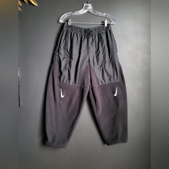 Nike Sportwear Swoosh Curve Plush Trouser Pants Quilt Black Barrel Leg Sz M Crop - Picture 1 of 9